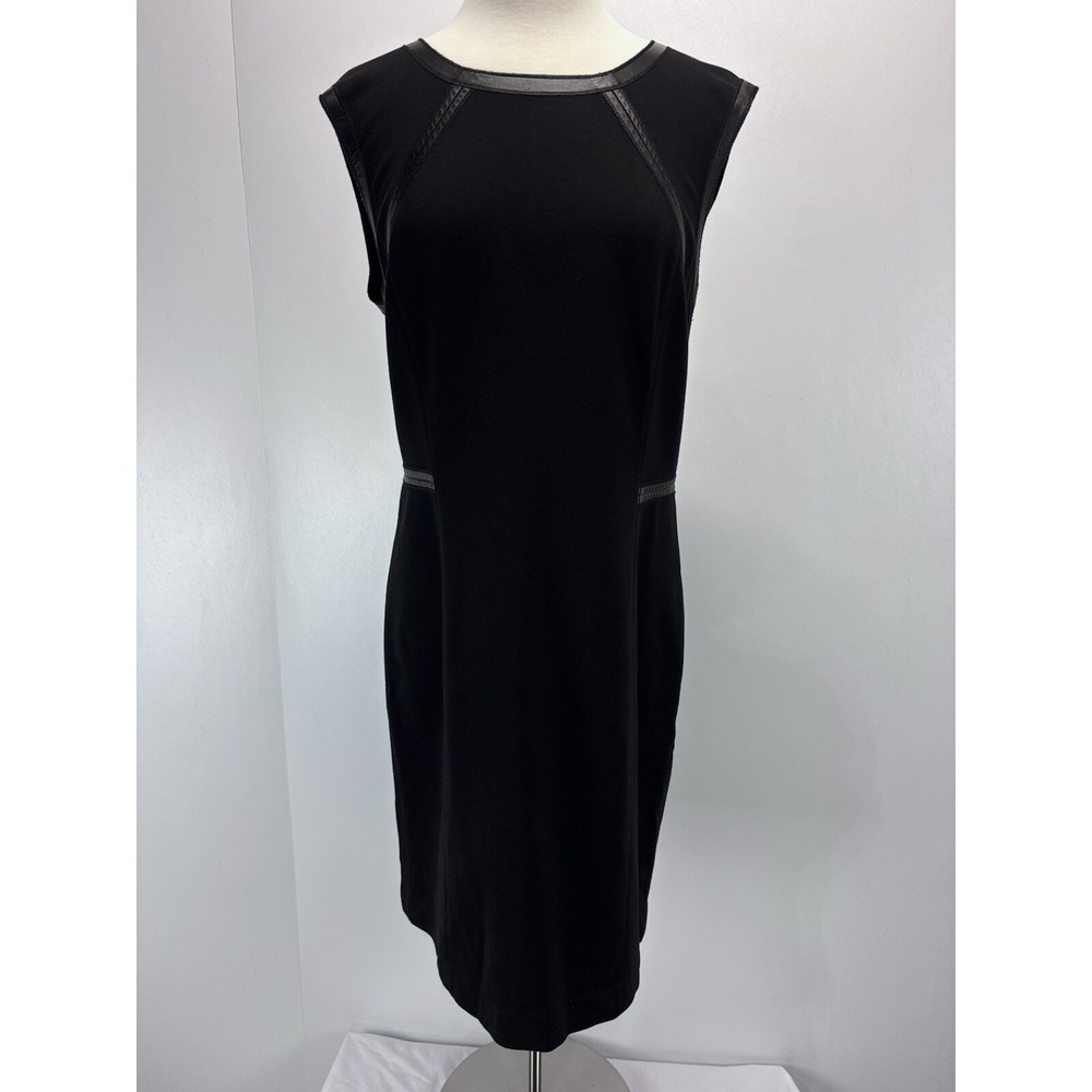 Lafayette 148 New York Sheath Dress Sz 16 Petite Women's Black Leather Trim
